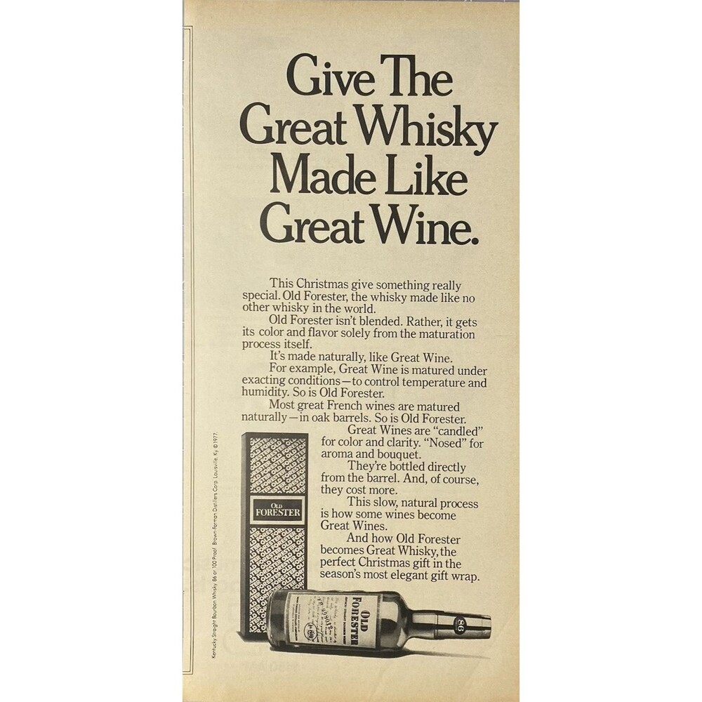 Old Forester Whisky "Made Like a Great Wine" Vintage Print 1977